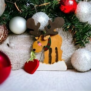 Vintage Wooden Reindeer Ornament 2.25" Heart Accent Christmas Multicolored VG